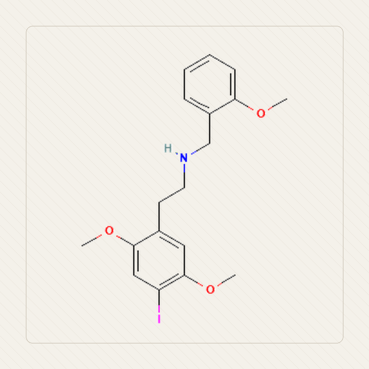 25I-NBOMe 2C-I-NBOMe, izobraževalna ilustracija molekulske strukture
